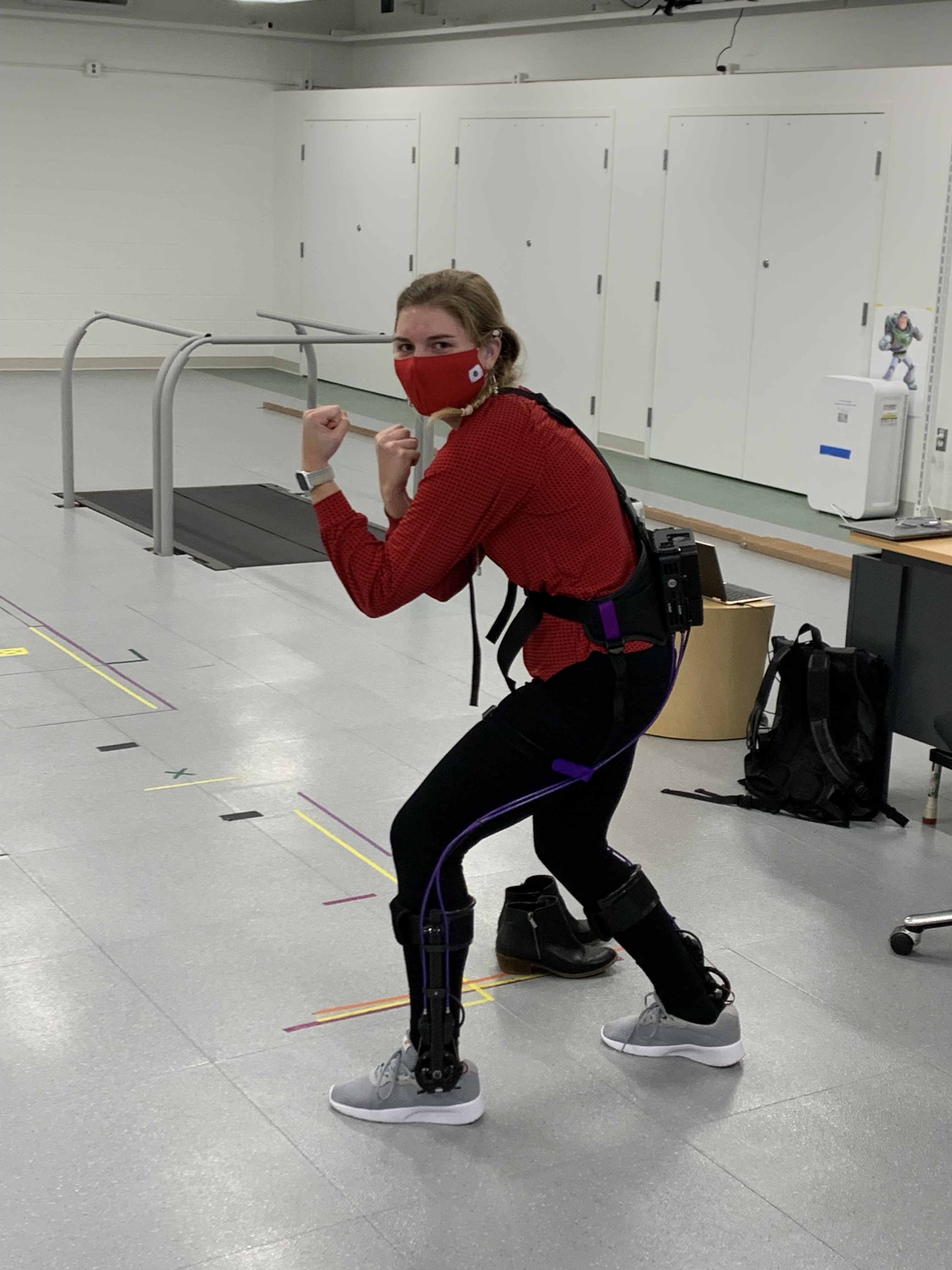 Mia modelling an exoskeleton.