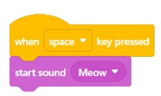 Scratch blocks showing when space key pressed and start sound Meow.