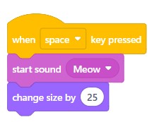 Scratch blocks showing when space key pressed, start sound Meow, and change size by 25.